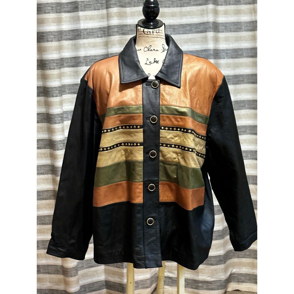Vintage NWOT 70's Blk & Multi Color Leather Jacket Size L Retro Cool Fun Hip